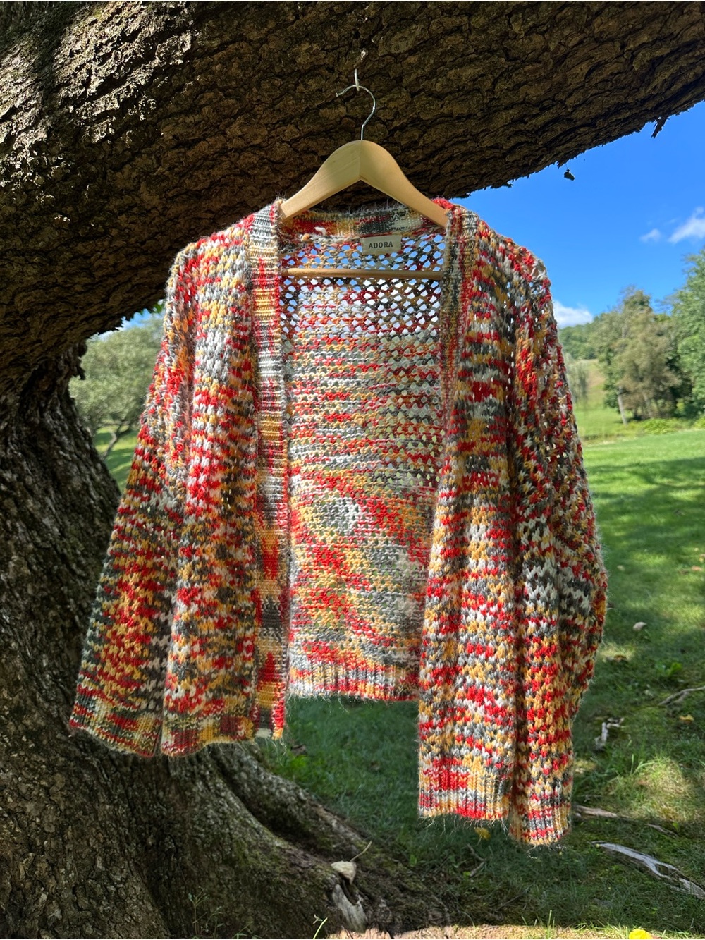 ADORA Multicolor Open-Knit Cardigan - Red, Orange, Gray, Cream